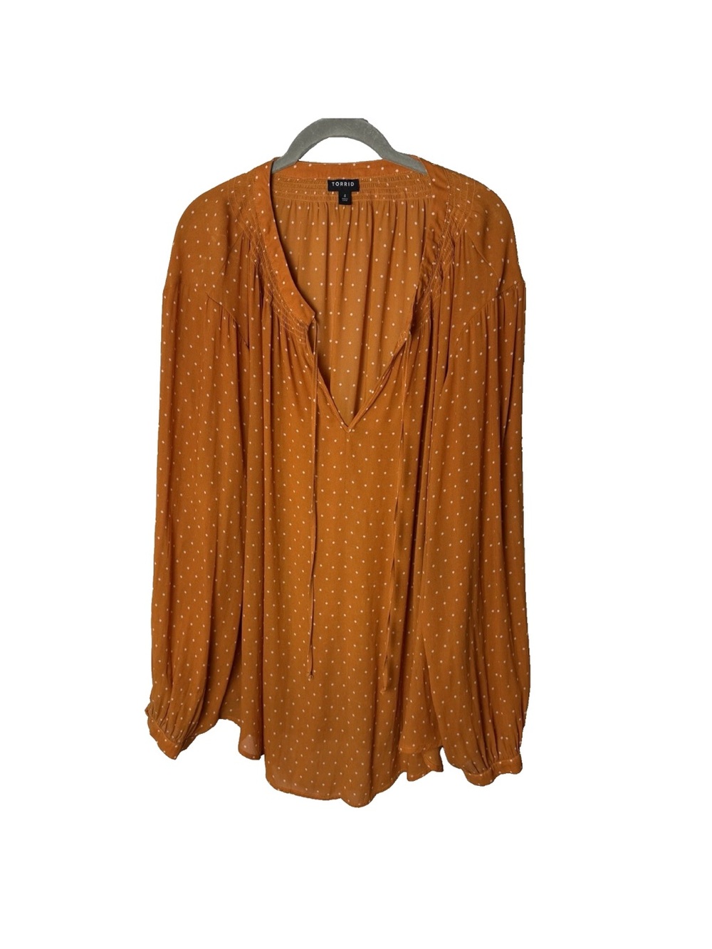 Torrid Blouse Plus Size 4 4X Top Long Sleeves Tie Front Polka Dots Gold Orange